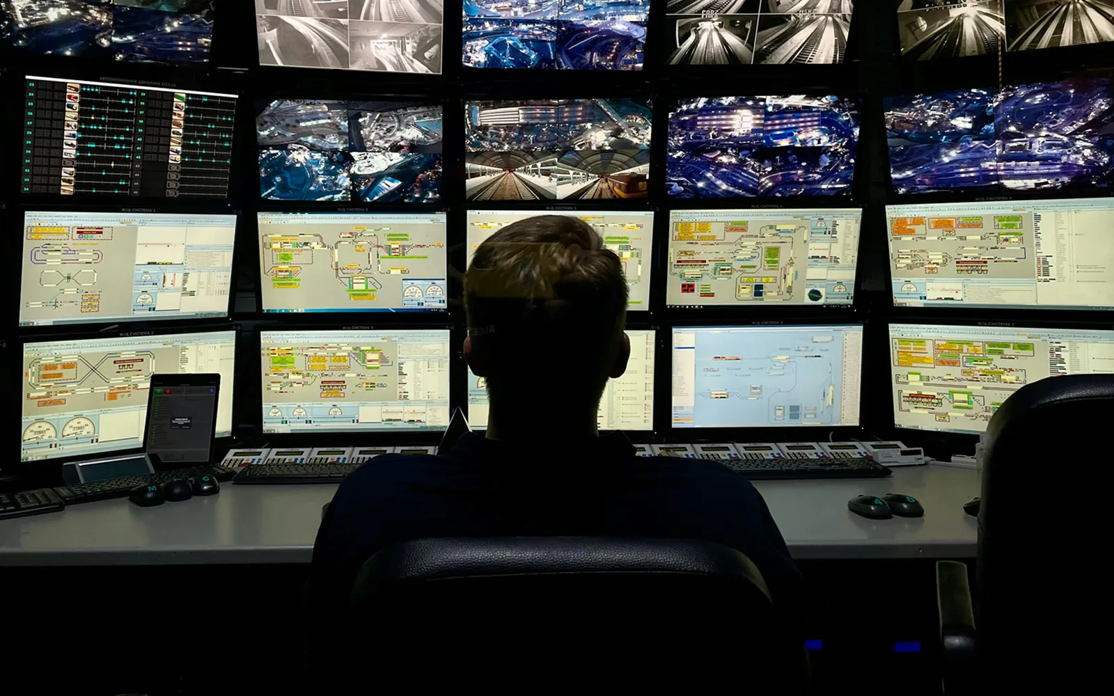 Security operations center with large dashboard monitors and an officer monitoring